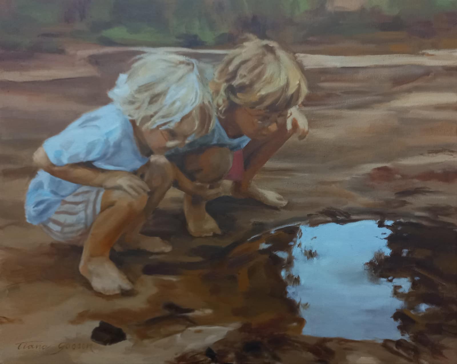 Two children crouching over a puddle, an oil painting by Tiana Goosen