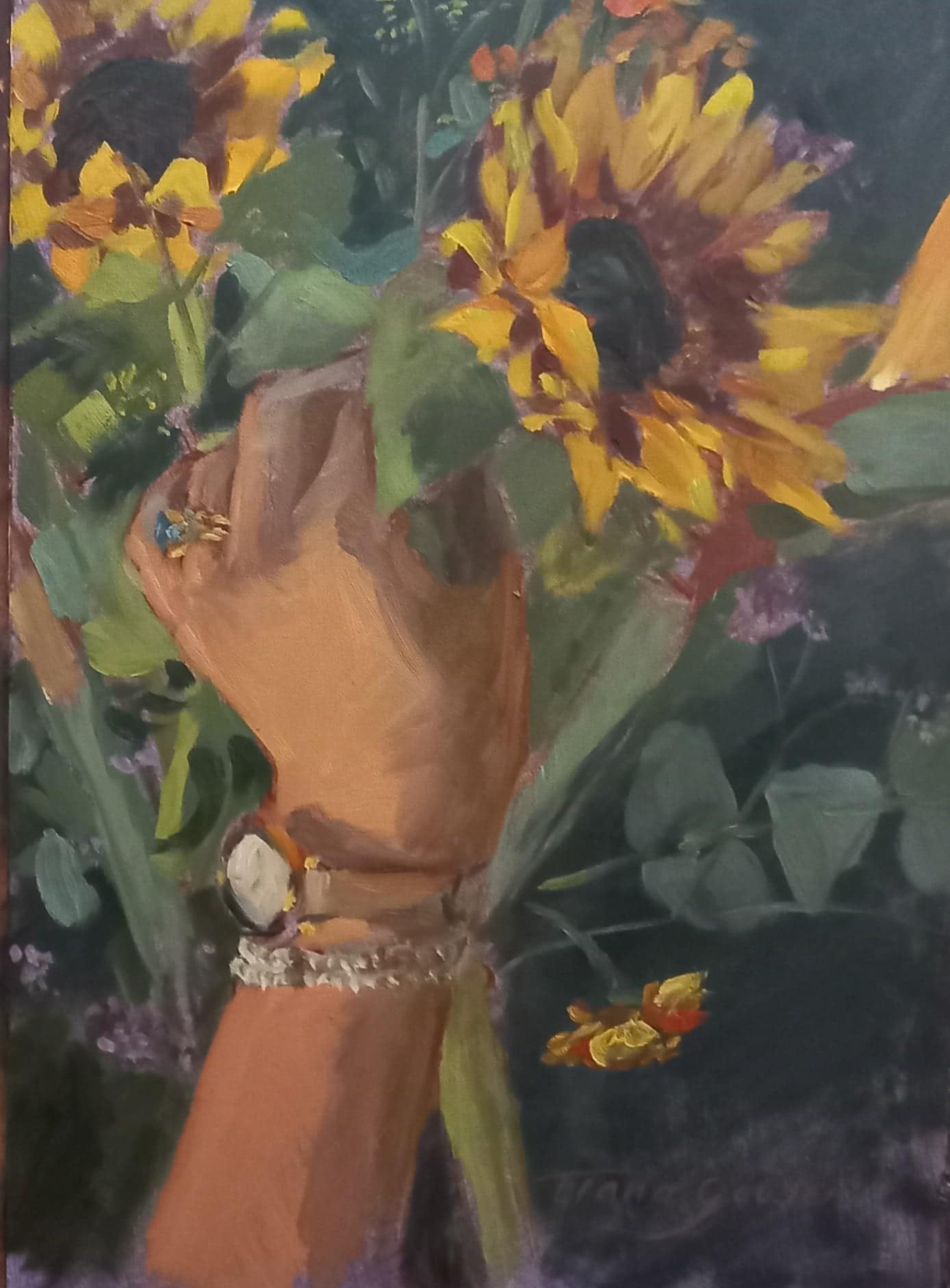 An oil painting of a hand holding a bunch of sunflowers, by Tiana Goosen