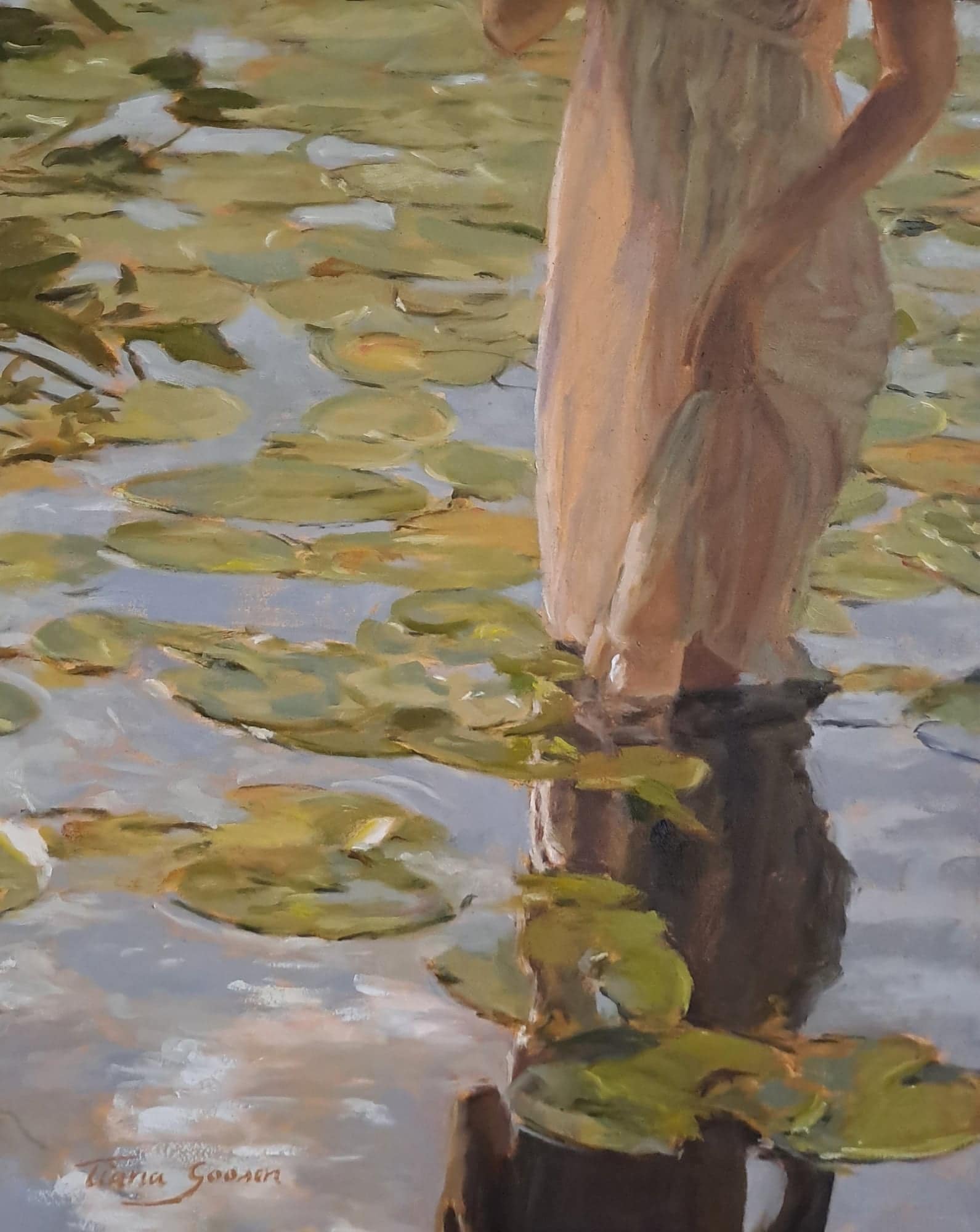 An oil painting of a woman in a long dress wading among water lilies, by Tiana Goosen
